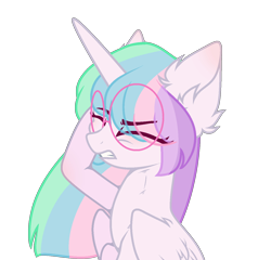 Size: 1312x1259 | Tagged: safe, artist:pokaparida, derpibooru import, princess celestia, alicorn, pony, alternate hairstyle, ear fluff, ears, eye clipping through hair, eyebrows, eyebrows visible through hair, eyes closed, female, folded wings, glasses, gritted teeth, horn, mare, multicolored mane, simple background, solo, transparent background, wings