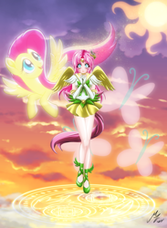 Size: 1976x2705 | Tagged: safe, alternate version, artist:mauroz, derpibooru import, part of a set, fluttershy, human, pegasus, pony, anime, clothes, cosplay, costume, humanized, sailor moon, sailor scout, winged humanization, wings