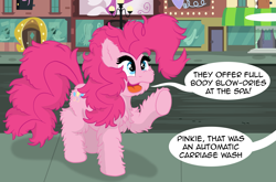 Size: 2243x1476 | Tagged: safe, artist:pony-thunder, derpibooru import, pinkie pie, earth pony, pony, chest fluff, comic, cute, female, fluffy, funny, manehattan, mare, offscreen character, poofy mane, solo