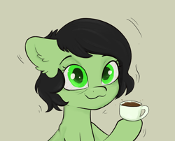 Size: 3048x2457 | Tagged: safe, artist:dumbwoofer, derpibooru import, oc, oc only, oc:anon filly, earth pony, pony, bags under eyes, caffeine, coffee, ear fluff, ears, female, filly, floppy ears, foal, red eyes, simple background, solo
