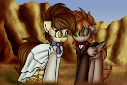 Size: 1280x854 | Tagged: safe, artist:kranonetwork, derpibooru import, oc, oc:dia kono, oc:landon, earth pony, pegasus, canyon, clothes, dress, marriage, roan rpg, tuxedo, wedding, wedding dress, zebra stripes