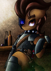 Size: 1280x1786 | Tagged: safe, artist:kranonetwork, derpibooru import, oc, oc:hookhoof, cyborg, earth pony, fallout equestria, alcohol, armor, balefire blues, beer, hearts of iron 4, raider, solo, sparkle cola