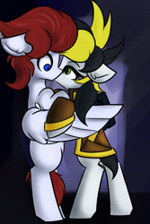 Size: 1280x1920 | Tagged: safe, artist:kranonetwork, derpibooru import, oc, oc:royal catalyst, oc:wild ace, kelpie, pegasus, female, imitate preening, kissing, male, roan rpg