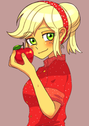 Size: 2894x4093 | Tagged: safe, artist:haibaratomoe, derpibooru import, applejack, equestria girls, apple, cute, eye clipping through hair, eyebrows, eyebrows visible through hair, female, food, freckles, high res, jackabetes, looking at you, pink background, simple background, smiling, smiling at you, solo