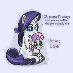 Size: 2160x2160 | Tagged: safe, artist:limitmj, artist:mj_limit, derpibooru import, rarity, sweetie belle, sweetie bot, pony, robot, robot pony, unicorn, blue eyes, crying, cute, cutie mark, dialogue, diasweetes, duo, duo female, female, filly, foal, green eyes, happy, horn, mare, purple mane, purple tail, simple background, sisterly love, smiling, tears of joy, text, two toned mane, two toned tail, weapons-grade cute, white background, white coat