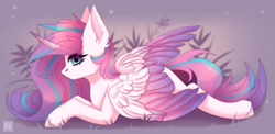 Size: 3728x1820 | Tagged: safe, artist:elektra-gertly, derpibooru import, princess flurry heart, alicorn, pony, female, looking at you, lying down, mare, older, older flurry heart, prone