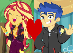 Size: 826x599 | Tagged: safe, derpibooru import, edit, edited screencap, screencap, flash sentry, sunset shimmer, best in show: the pre-show, better together, equestria girls, sunset's backstage pass!, female, flashimmer, male, shipping, shipping domino, straight