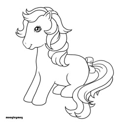 Size: 736x736 | Tagged: safe, artist:moogleymog, derpibooru import, bubbles (g1), earth pony, pony, g1, adorabubbles, black and white, bow, coloring page, cute, female, grayscale, lineart, mare, monochrome, simple background, smiling, tail, tail bow, white background
