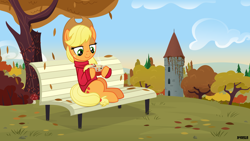 Size: 3840x2160 | Tagged: safe, artist:a4r91n, derpibooru import, applejack, earth pony, pony, autumn, bench, clothes, cup, female, food, hoof hold, leaves, mare, scenery, sitting, sweater, tea