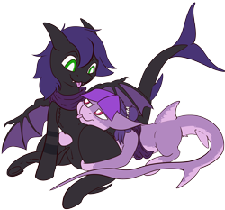 Size: 3503x3270 | Tagged: safe, artist:dirtpecker, derpibooru import, oc, oc only, oc:raven stargazer, oc:whip splash, bat pony, original species, shark, shark pony, :p, fangs, simple background, tongue, tongue out, transparent background, underhoof