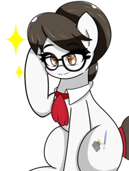 Size: 768x1024 | Tagged: safe, artist:zeon_starlight, derpibooru import, raven, writing desk, ascot, female, glasses, hair bun, mare, secretary, simple background, solo, white background