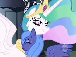 Size: 1297x965 | Tagged: safe, derpibooru import, screencap, princess celestia, princess luna, alicorn, pony, friendship is magic, crying, duo, duo female, female, hub logo, neck hug, s1 luna, spread wings, tears of joy, wings