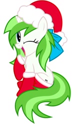 Size: 763x1199 | Tagged: artist needed, safe, derpibooru import, oc, oc only, oc:minty root, pony, unicorn, christmas, clothes, female, holiday, horn, looking at you, mare, one eye closed, open mouth, open smile, simple background, sitting, smiling, smiling at you, solo, unicorn oc, white background, wink, winking at you