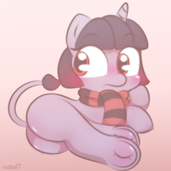 Size: 1500x1500 | Tagged: safe, artist:cushyhoof, derpibooru import, oc, oc only, oc:ada, unicorn, blank flank, butt, clothes, cute, d'lirium, female, frog (hoof), horn, leonine tail, lying down, mare, plot, red eyes, scarf, solo, striped scarf, tail, underhoof