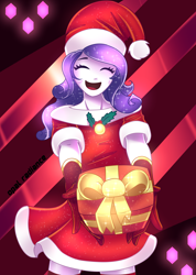 Size: 5834x8200 | Tagged: safe, artist:opal_radiance, derpibooru import, rarity, equestria girls, christmas, christmas presents, clothes, cute, dress, eyes closed, female, gloves, hat, holiday, holly, open mouth, raribetes, santa hat, solo, stockings, thigh highs, ych example, your character here