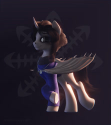 Size: 2560x2880 | Tagged: safe, artist:virileth, oc, oc only, alicorn, bat pony, bat pony alicorn, 3d, balancing, bat wings, black background, black mane, black tail, blender, chain, clothes, ear fluff, ears, eyeshadow, gray coat, gray eyes, jewelry, legs in air, looking at you, male, necklace, razor, razor blade, scarf, simple background, smiling, solo, sweater, wings