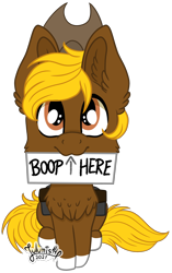 Size: 2180x3468 | Tagged: safe, artist:julunis14, oc, oc only, oc:acres, earth pony, pony, arrow, blonde, blonde mane, blonde tail, brown coat, chest fluff, coat markings, cowboy hat, ear fluff, ears, earth pony oc, looking at you, male, mouth hold, sign, simple background, sitting, socks (coat marking), solo, stallion, text, transparent background
