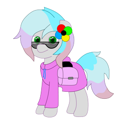 Size: 2000x2000 | Tagged: safe, artist:exhumed legume, twibooru import, oc, oc only, oc:pegasus spectra (old), earth pony, pony, 2018 community collab, clothes, derpibooru community collaboration, hoodie, looking at you, saddle bag, simple background, solo, sunglasses, transparent background