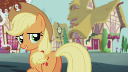 Size: 1280x720 | Tagged: safe, derpibooru import, screencap, applejack, earth pony, pony, crusaders of the lost mark, season 5, applebutt, applejack's hat, butt, clothes, cowboy hat, crying, crying on the outside, female, hat, plot, ponyville, solo, sugarcube corner, tears of joy