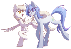 Size: 2360x1640 | Tagged: safe, artist:秋田伊子, derpibooru import, oc, oc:concentric rings, pegasus, unicorn, cutie mark, female, folded wings, glasses, looking at each other, simple background, smiling, white background, wings