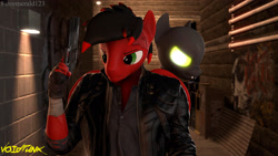 Size: 3840x2160 | Tagged: safe, artist:fireemerald123, derpibooru import, oc, oc only, oc:page feather, oc:the voice, anthro, 3d, alleyway, clothes, glowing, glowing eyes, graffiti, gun, jacket, leather jacket, looking sideways, night, source filmmaker, void entity, void punk, watermark, weapon
