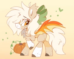 Size: 1200x960 | Tagged: safe, artist:sugaryyflower, derpibooru import, oc, oc only, oc:pumpkinharvest, bat pony, pony, abstract background, bat pony oc, bat wings, bow, chest fluff, coat markings, ear fluff, ears, female, food, freckles, hair bow, orange, pumpkin spice, raised hoof, raised leg, smiling, socks (coat marking), solo, standing, wings