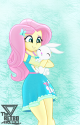 Size: 1350x2109 | Tagged: safe, artist:theretroart88, derpibooru import, angel bunny, fluttershy, equestria girls, angel is a bunny bastard, carrying, cute, eyes closed, hug, shyabetes