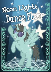 Size: 1061x1500 | Tagged: dead source, safe, artist:michiyoshi, derpibooru import, neon lights, rising star, alicorn, pony, alicornified, dancing, grin, male, race swap, rearing, smiling, solo, spread wings, stallion, stars, sunglasses, wings