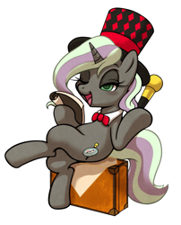 Size: 1465x1814 | Tagged: safe, artist:michiyoshi, derpibooru import, oc, oc only, pony, unicorn, cane, case, female, hat, lidded eyes, mare, one eye closed, open mouth, open smile, simple background, sitting, smiling, solo, top hat, white background, wink