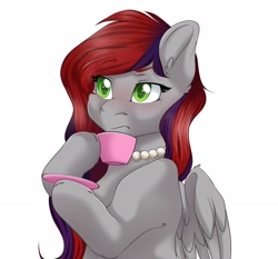 Size: 2048x1912 | Tagged: safe, artist:melpone, derpibooru import, oc, oc only, oc:evening prose, pegasus, cup, female, freckles, jewelry, mare, necklace, pearl necklace, raised eyebrow, teacup