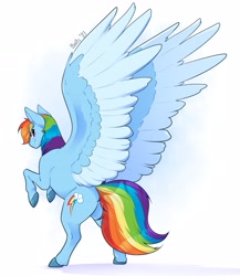 Size: 2674x3075 | Tagged: safe, artist:baitslament, derpibooru import, rainbow dash, pegasus, pony, butt, colored hooves, colored wings, female, large wings, looking at you, looking back, looking back at you, mare, rainbutt dash, rearing, simple background, solo, two toned wings, white background, wings