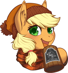 Size: 2168x2331 | Tagged: safe, artist:taytinabelle, derpibooru import, applejack, earth pony, pony, alternate hairstyle, autumn, beanie, blushing, bust, cider, cider mug, clothes, cute, female, freckles, happy, hat, hoof hold, jackabetes, looking at you, mare, missing accessory, mug, open mouth, open smile, scarf, simple background, smiling, smiling at you, solo, transparent background