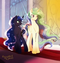 Size: 1422x1497 | Tagged: safe, artist:sjmarts, derpibooru import, princess celestia, princess luna, alicorn, pony, duo, female, mare, missing accessory, royal sisters, siblings, sisters