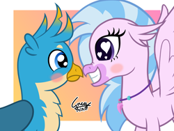 Size: 4096x3072 | Tagged: safe, artist:gregoryco123, derpibooru import, gallus, silverstream, classical hippogriff, griffon, hippogriff, blushing, female, gallstream, grin, heart eyes, high res, male, shipping, smiling, straight, wingding eyes