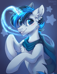 Size: 1555x2000 | Tagged: safe, artist:trickate, derpibooru import, oc, oc only, oc:solar gizmo, pony, unicorn, blue background, blue eyes, blushing, cheek fluff, chest fluff, chin fluff, cloak, clothes, ear fluff, ears, eyebrows, eyebrows visible through hair, glowing, glowing horn, grin, horn, looking at you, male, shoulder fluff, simple background, smiling, solo, stallion, unicorn oc