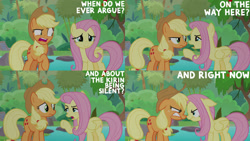 Size: 1280x720 | Tagged: safe, derpibooru import, edit, edited screencap, editor:quoterific, screencap, applejack, fluttershy, earth pony, pegasus, pony, season 8, sounds of silence, spoiler:s08, applejack's hat, clothes, cowboy hat, ears, female, floppy ears, hat, looking at each other, mare, open mouth