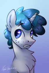 Size: 2000x3000 | Tagged: safe, artist:jedayskayvoker, derpibooru import, oc, oc only, oc:dream police, pony, unicorn, bust, chest fluff, colored pupils, ear fluff, ears, eyebrows, eyebrows visible through hair, freckles, gradient background, high res, horn, looking up, male, portrait, solo, stallion