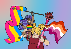 Size: 6754x4635 | Tagged: safe, artist:queenderpyturtle, derpibooru import, oc, oc:rotgut, oc:scrapjack, human, absurd resolution, clothes, dress, female, flag, humanized, mace, pride, pride flag, size difference, weapon