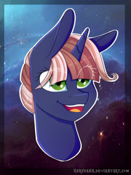 Size: 1833x2447 | Tagged: safe, artist:herusann, derpibooru import, oc, oc only, pony, unicorn, bust, eye clipping through hair, eyelashes, female, green eyes, horn, mare, open mouth, open smile, outline, portrait, smiling, solo, stars, two toned mane, unicorn oc, white outline