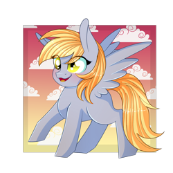 Size: 2000x2000 | Tagged: safe, artist:herusann, derpibooru import, derpy hooves, pegasus, pony, blushing, cloud, eye clipping through hair, female, flying, golden eyes, high res, mare, open mouth, open smile, simple background, smiling, solo, spread wings, tail, transparent background, wings