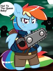 Size: 768x1024 | Tagged: safe, artist:tranzmuteproductions, derpibooru import, rainbow dash, pegasus, pony, undead, zombie, zombie pony, bipedal, chainsaw, clothes, evil dead, eyelashes, female, mare, pants, smiling, smirk, talking, wings