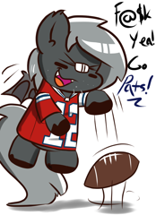 Size: 768x1102 | Tagged: safe, artist:tranzmuteproductions, derpibooru import, oc, oc only, oc:tranzmute, bat pony, pony, bandaid, bat pony oc, bat wings, cheering, clothes, eyes closed, football, male, simple background, smiling, solo, sports, stallion, talking, vulgar, white background, wings