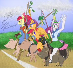 Size: 1280x1188 | Tagged: safe, artist:sepiakeys, derpibooru import, apple bloom, scootaloo, sweetie belle, anthro, earth pony, pegasus, pig, unguligrade anthro, unicorn, carrot, carrot on a stick, clothes, cutie mark crusaders, food, four fingers, overalls, shirt, shorts, skirt