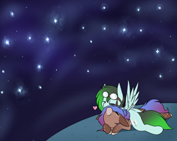 Size: 2500x2000 | Tagged: safe, artist:rice, derpibooru import, oc, oc only, oc:gryph xander, oc:midnight winds, pegasus, unicorn, couple, goggles, love, middergryph, night, shipping, snuggling, stars