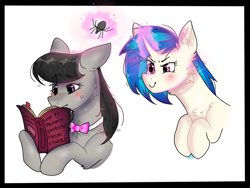 Size: 1280x963 | Tagged: safe, artist:valkiria, derpibooru import, dj pon-3, octavia melody, vinyl scratch, earth pony, pony, spider, unicorn, behind you, blushing, book, bowtie, cheek fluff, chest fluff, ear fluff, ears, eyebrows, eyebrows visible through hair, female, floppy ears, glowing, glowing horn, horn, levitation, magic, mare, reading, simple background, smiling, smirk, telekinesis, this will not end well, white background