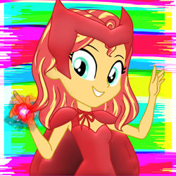 Size: 1050x1050 | Tagged: safe, artist:nehvix, derpibooru import, sunset shimmer, equestria girls, abstract background, clothes, cosplay, costume, female, looking at you, magic, raised hand, scarlet witch, solo