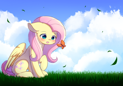 Size: 1000x700 | Tagged: safe, artist:dddreamdraw, derpibooru import, fluttershy, butterfly, pegasus, pony, blushing, cloud, cute, ears, female, floppy ears, grass, leaves, looking at something, mare, open mouth, raised hoof, raised leg, shyabetes, sitting, solo, wings