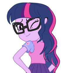 Size: 856x908 | Tagged: safe, artist:nehvix, derpibooru import, sci-twi, twilight sparkle, equestria girls, female, glasses, looking at you, looking back, looking back at you, looking over shoulder, one eye closed, simple background, solo, transparent background