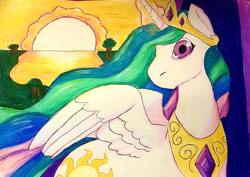 Size: 1280x907 | Tagged: safe, artist:sonorousinclemency, derpibooru import, princess celestia, alicorn, pony, female, glowing, glowing horn, horn, sun, traditional art