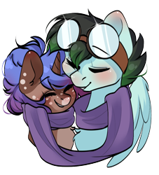 Size: 1000x1100 | Tagged: safe, artist:cottonsweets, derpibooru import, oc, oc only, oc:gryph xander, oc:midnight winds, pegasus, unicorn, cheek squish, clothes, couple, cuddling, cute, goggles, middergryph, scarf, shipping, squishy cheeks